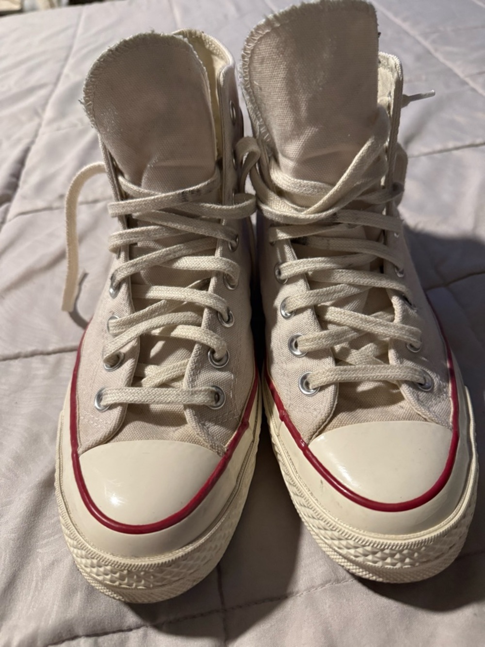 High-Top Canvas Sneakers in Off-White with Red Accent